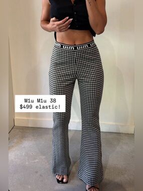 Miu Miu Black & White Houndstooth Flare Pants with Logo Waistband